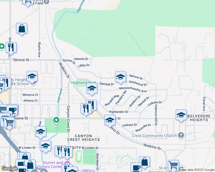 map of restaurants, bars, coffee shops, grocery stores, and more near 636 Glenhill Drive in Riverside
