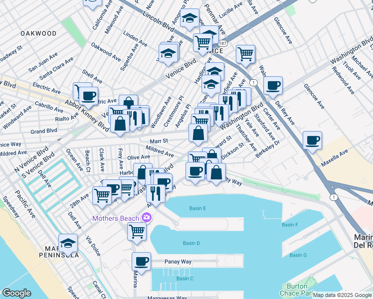 map of restaurants, bars, coffee shops, grocery stores, and more near 701 West Washington Boulevard in Los Angeles