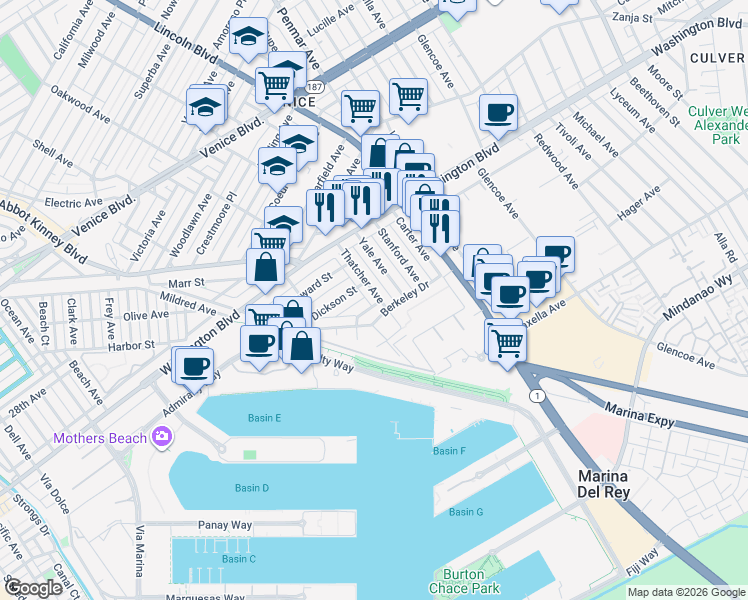 map of restaurants, bars, coffee shops, grocery stores, and more near 3125 Thatcher Avenue in Marina del Rey