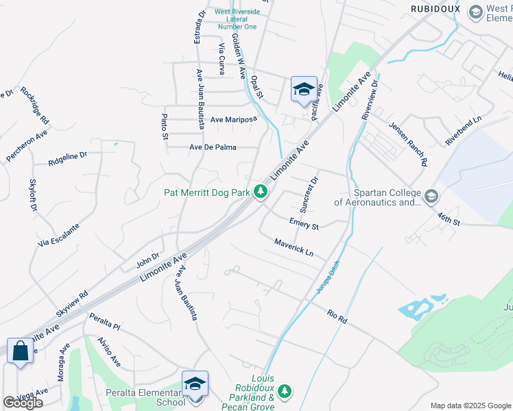 map of restaurants, bars, coffee shops, grocery stores, and more near 6181 Limonite Avenue in Riverside