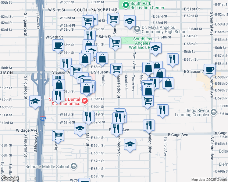 map of restaurants, bars, coffee shops, grocery stores, and more near 5916 South Los Angeles Street in Los Angeles