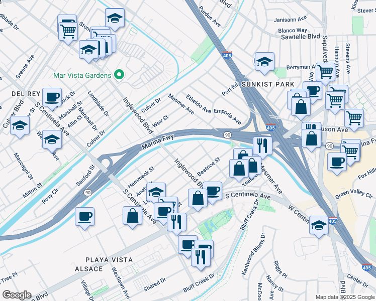 map of restaurants, bars, coffee shops, grocery stores, and more near 11937 Aneta Street in Culver City