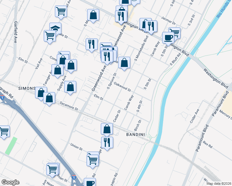 map of restaurants, bars, coffee shops, grocery stores, and more near 1317 South Montebello Boulevard in Montebello