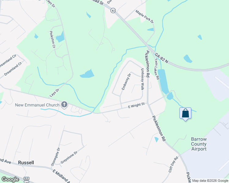 map of restaurants, bars, coffee shops, grocery stores, and more near 611 Embassy Walk in Winder