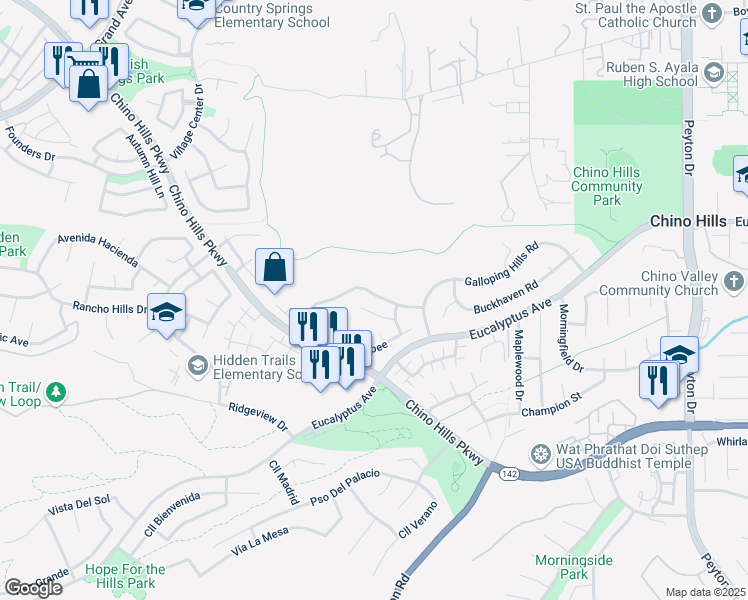 map of restaurants, bars, coffee shops, grocery stores, and more near 2709 La Salle Pointe in Chino Hills