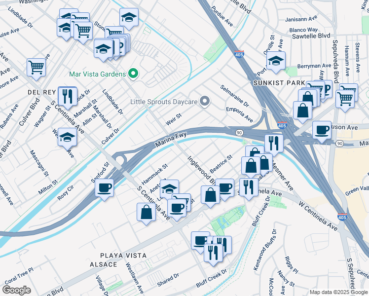 map of restaurants, bars, coffee shops, grocery stores, and more near 5332 Inglewood Boulevard in Culver City