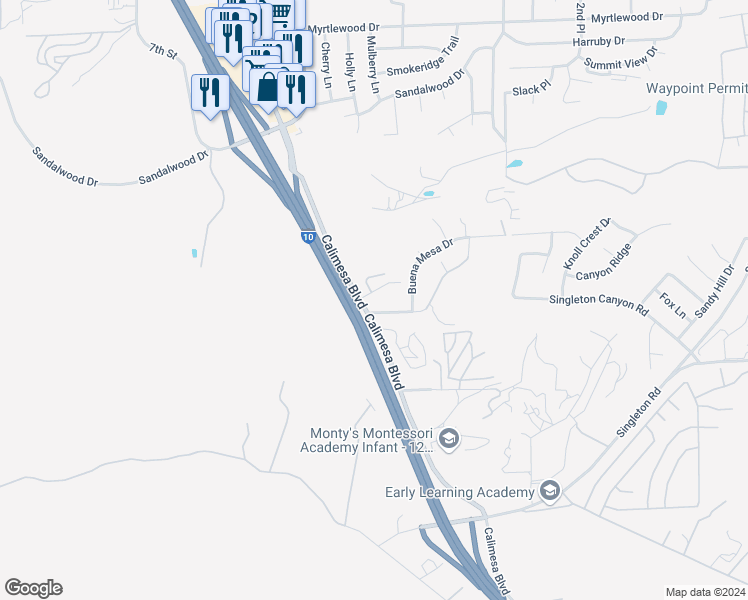 map of restaurants, bars, coffee shops, grocery stores, and more near 9240 Calimesa Boulevard in Calimesa
