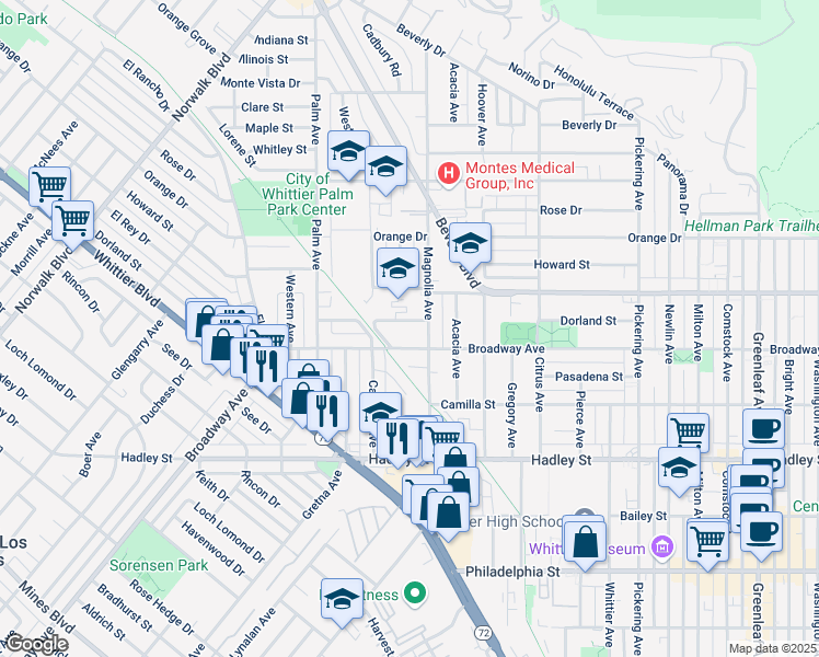 map of restaurants, bars, coffee shops, grocery stores, and more near 11724 Dorland Street in Whittier