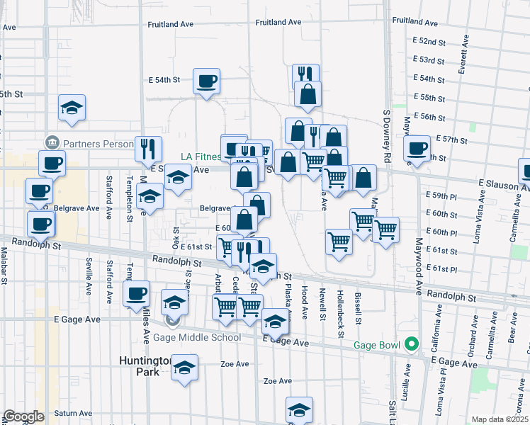 map of restaurants, bars, coffee shops, grocery stores, and more near 3100 E Slauson Ave in Vernon