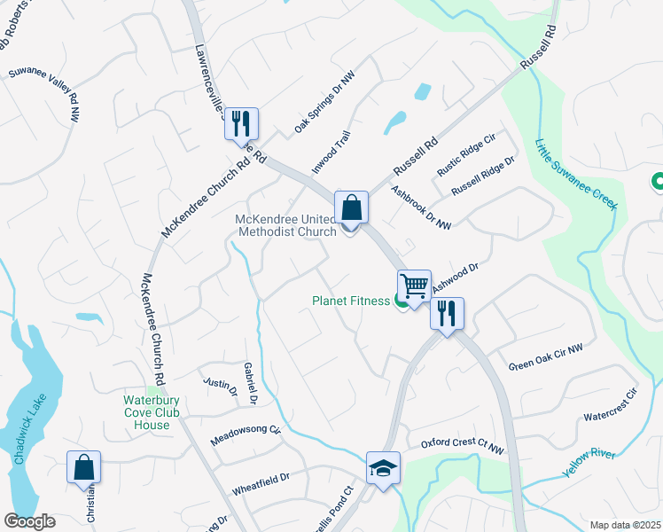 map of restaurants, bars, coffee shops, grocery stores, and more near 921 Brighton Drive Northwest in Lawrenceville