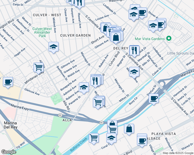 map of restaurants, bars, coffee shops, grocery stores, and more near 12631 Culver Boulevard in Los Angeles