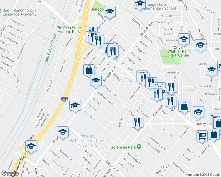 map of restaurants, bars, coffee shops, grocery stores, and more near 10905 Loch Avon Drive in Whittier