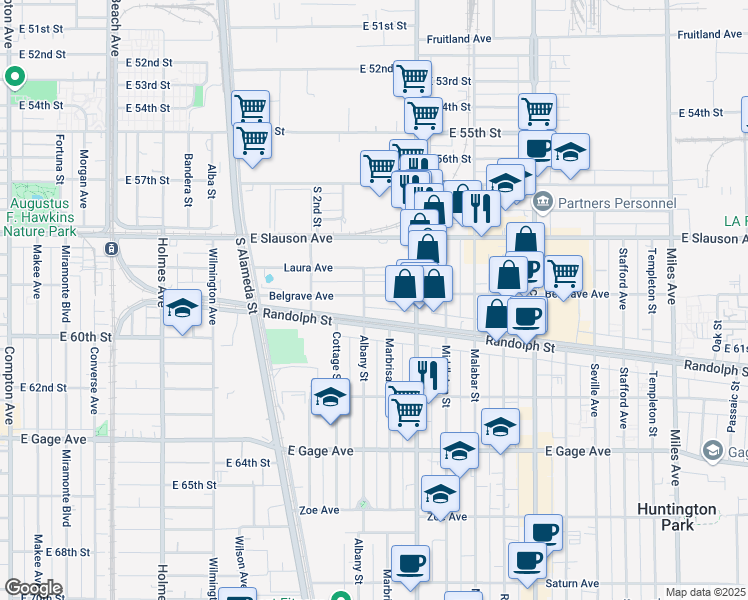 map of restaurants, bars, coffee shops, grocery stores, and more near 2230 Belgrave Avenue in Huntington Park