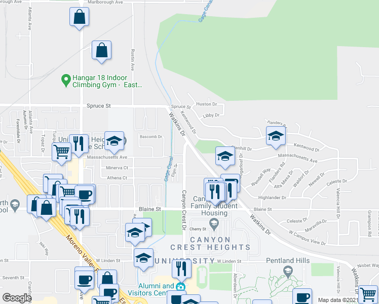 map of restaurants, bars, coffee shops, grocery stores, and more near 2934 Canyon Crest Drive in Riverside