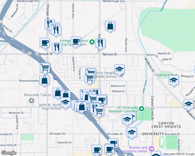 map of restaurants, bars, coffee shops, grocery stores, and more near 1311 Massachusetts Avenue in Riverside