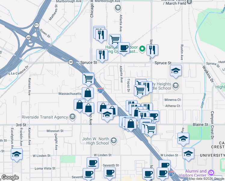 map of restaurants, bars, coffee shops, grocery stores, and more near 118 Sir Damas Drive in Riverside