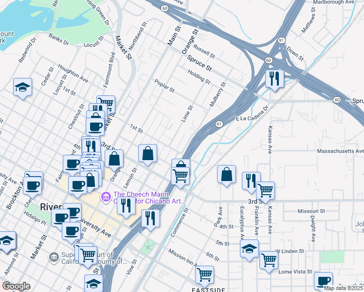 map of restaurants, bars, coffee shops, grocery stores, and more near 3021 Mulberry Street in Riverside