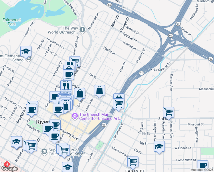 map of restaurants, bars, coffee shops, grocery stores, and more near 3142 Lemon Street in Riverside