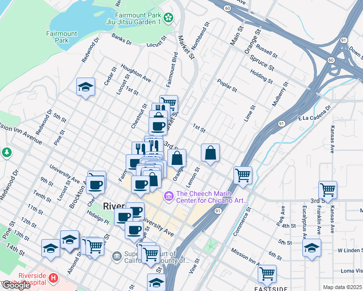 map of restaurants, bars, coffee shops, grocery stores, and more near 3260 Main Street in Riverside