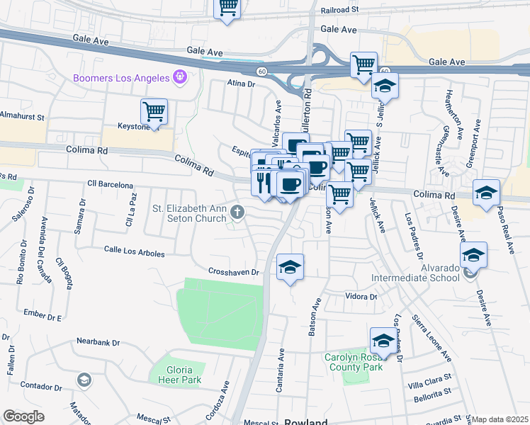 map of restaurants, bars, coffee shops, grocery stores, and more near 18215 Camino Bello in Rowland Heights