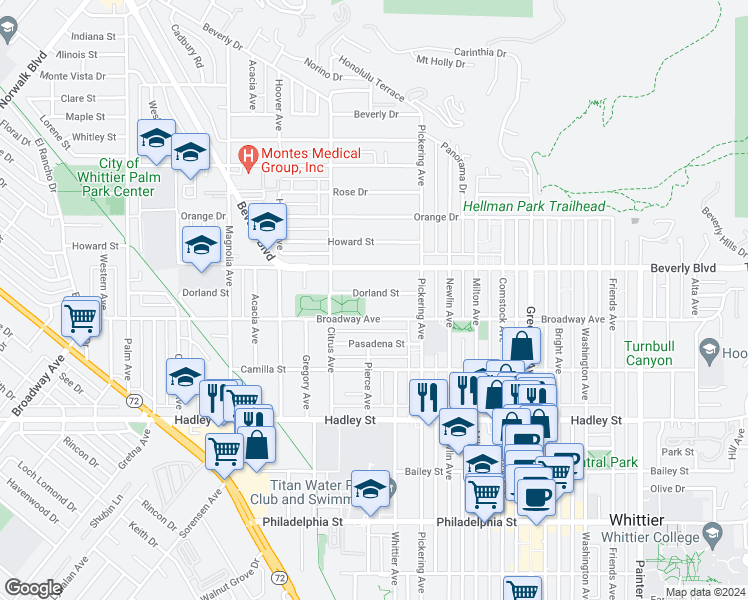 map of restaurants, bars, coffee shops, grocery stores, and more near 12408 Dorland Street in Whittier