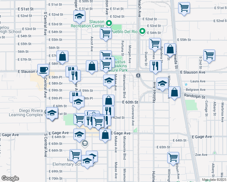 map of restaurants, bars, coffee shops, grocery stores, and more near 5897 3/4 Makee Avenue in Los Angeles