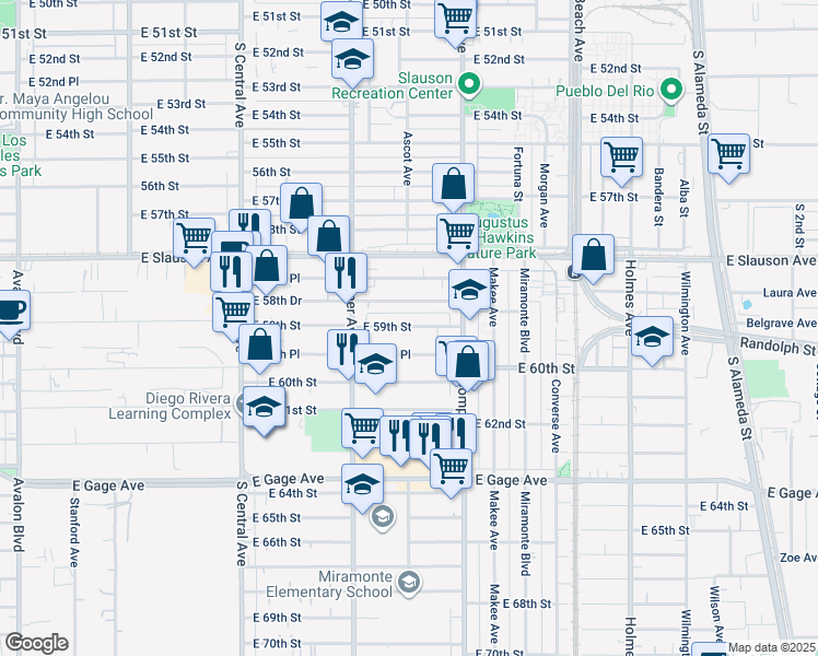 map of restaurants, bars, coffee shops, grocery stores, and more near 1408 East 59th Street in Los Angeles