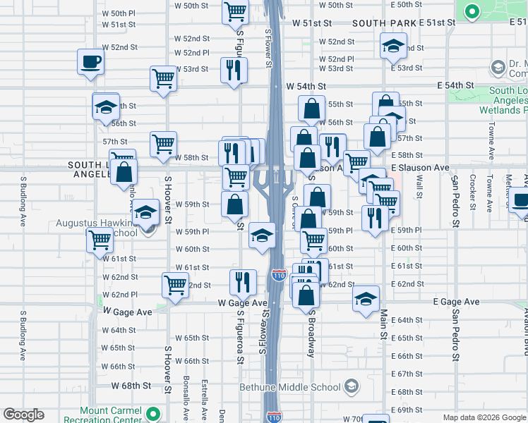 map of restaurants, bars, coffee shops, grocery stores, and more near 5908 South Flower Street in Los Angeles