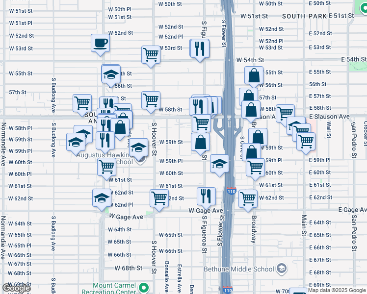 map of restaurants, bars, coffee shops, grocery stores, and more near 5911 Denver Avenue in Los Angeles
