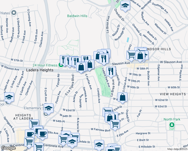 map of restaurants, bars, coffee shops, grocery stores, and more near 5908 59th Street in View Park-Windsor Hills