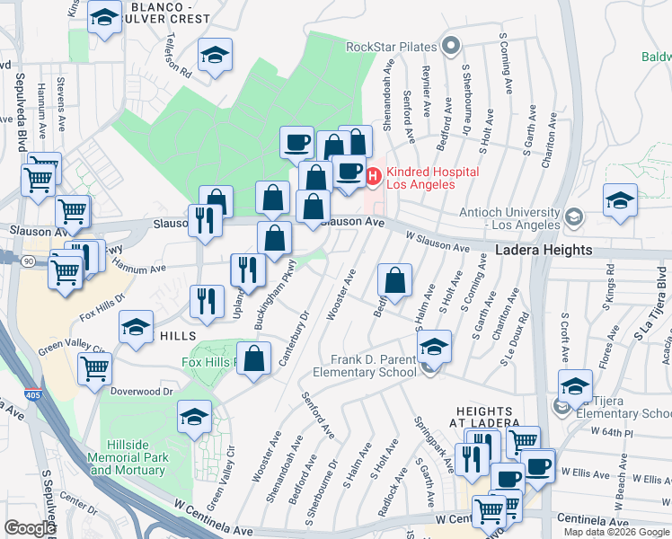 map of restaurants, bars, coffee shops, grocery stores, and more near 6005 Wooster Avenue in Los Angeles