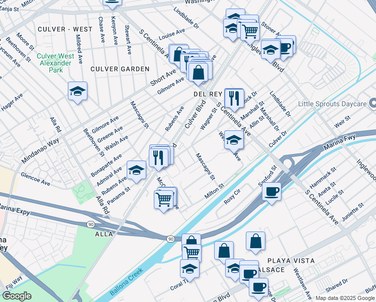 map of restaurants, bars, coffee shops, grocery stores, and more near 12530 Braddock Drive in Los Angeles