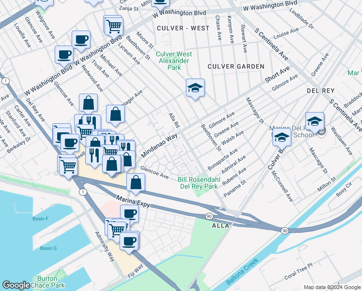 map of restaurants, bars, coffee shops, grocery stores, and more near 13040 Mindanao Way in Marina del Rey