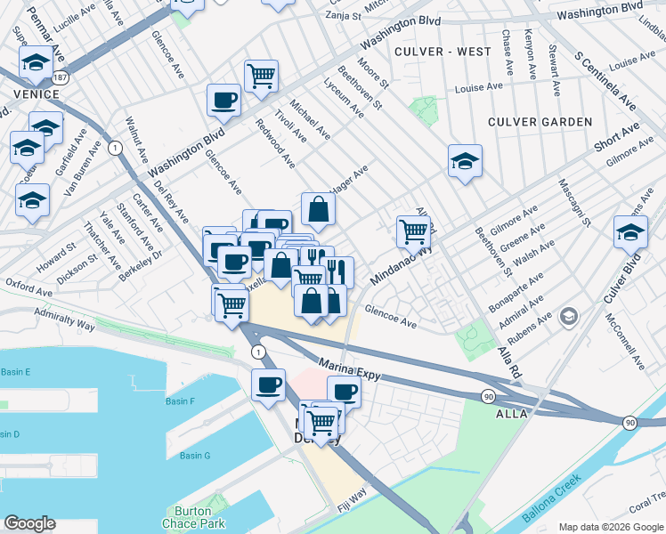 map of restaurants, bars, coffee shops, grocery stores, and more near 4314 Glencoe Avenue in Marina del Rey
