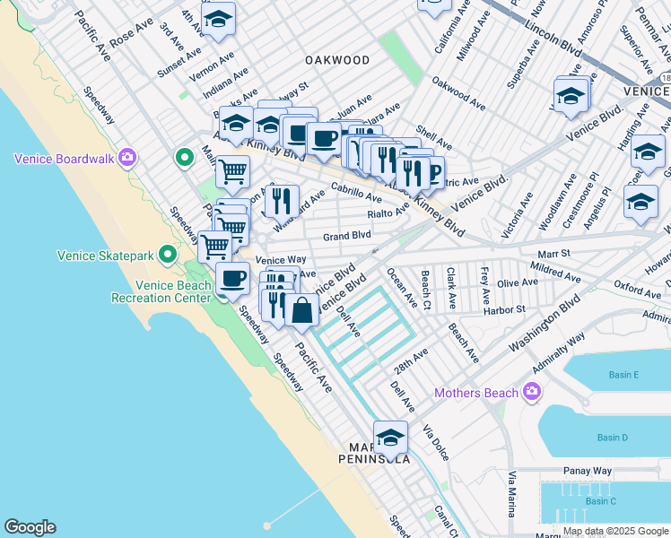 map of restaurants, bars, coffee shops, grocery stores, and more near 501 North Venice Boulevard in Los Angeles