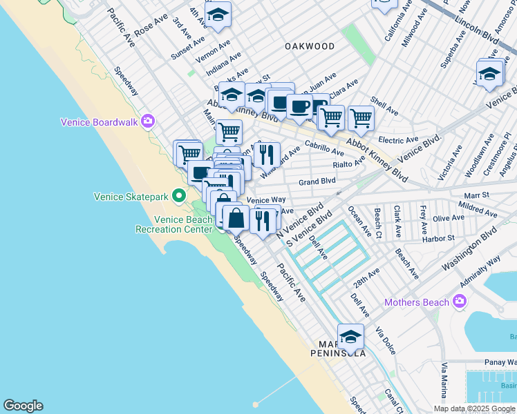map of restaurants, bars, coffee shops, grocery stores, and more near 218 Venice Way in Los Angeles