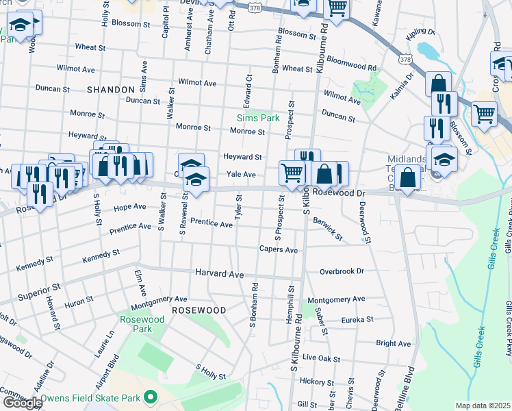 map of restaurants, bars, coffee shops, grocery stores, and more near 3505 Moss Avenue in Columbia
