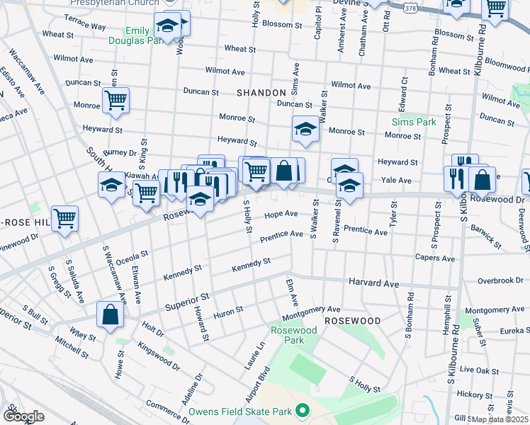 map of restaurants, bars, coffee shops, grocery stores, and more near 3031 Hope Avenue in Columbia