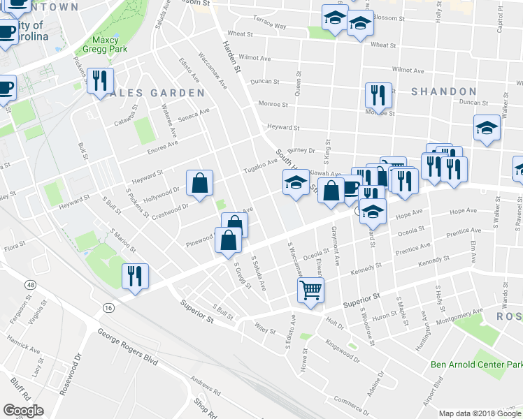 map of restaurants, bars, coffee shops, grocery stores, and more near 306 South Edisto Avenue in Columbia
