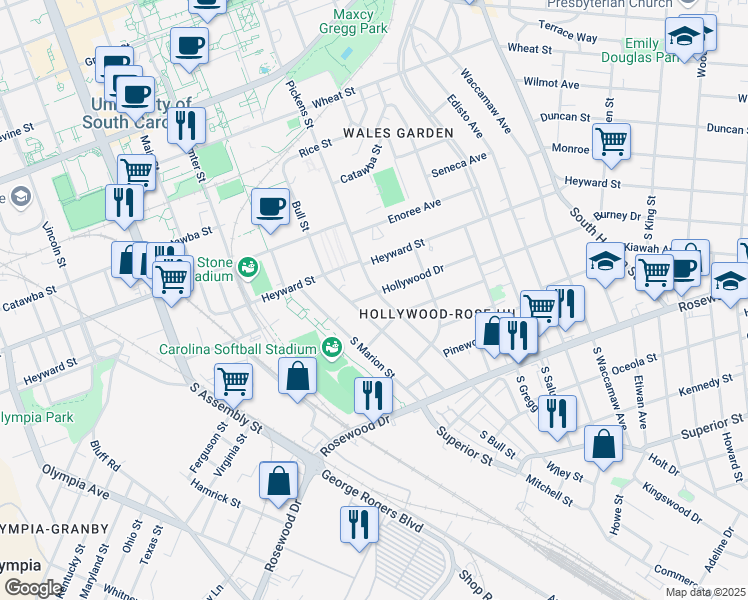 map of restaurants, bars, coffee shops, grocery stores, and more near 137 South Pickens Street in Columbia