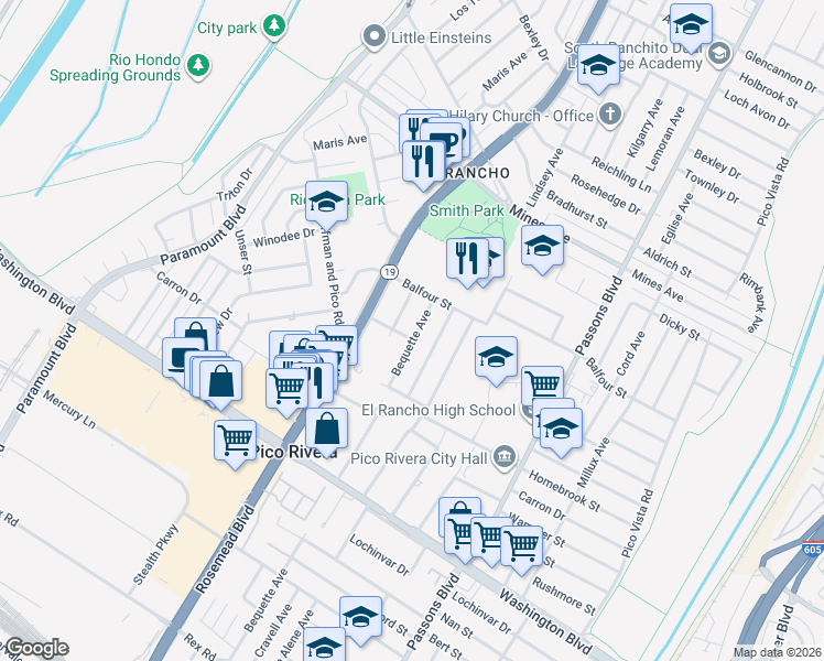 map of restaurants, bars, coffee shops, grocery stores, and more near 6407 Bequette Avenue in Pico Rivera