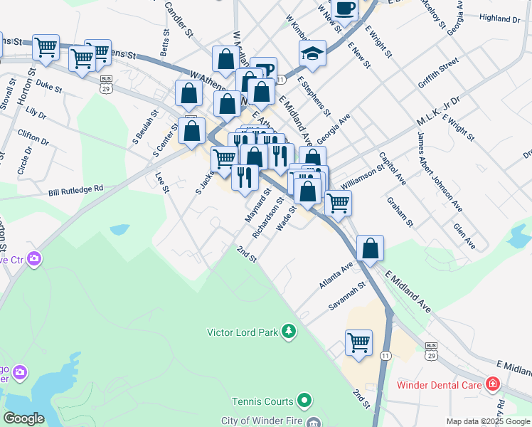 map of restaurants, bars, coffee shops, grocery stores, and more near 29 Richardson Street in Winder