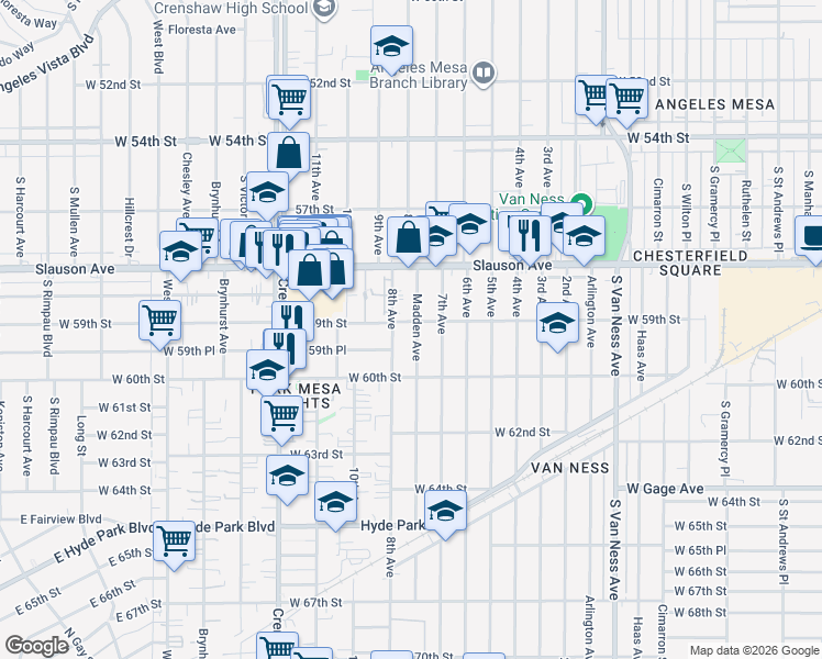 map of restaurants, bars, coffee shops, grocery stores, and more near 5907 Madden Avenue in Los Angeles