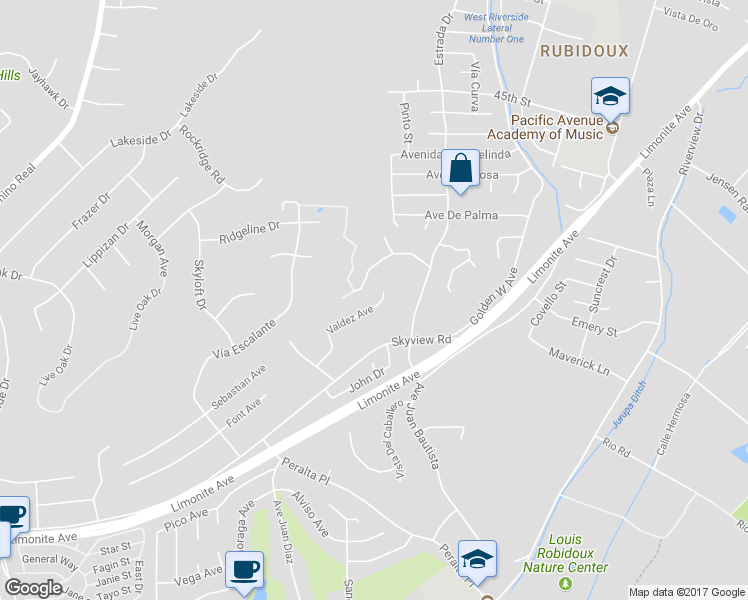 map of restaurants, bars, coffee shops, grocery stores, and more near 5585 Valdez Avenue in Riverside