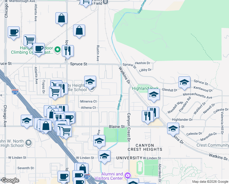 map of restaurants, bars, coffee shops, grocery stores, and more near 2857 Don Goodwin Drive in Riverside