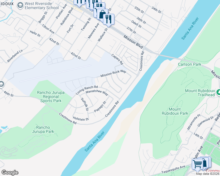 map of restaurants, bars, coffee shops, grocery stores, and more near 4153 Chittenden Circle in Riverside