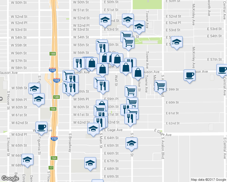 map of restaurants, bars, coffee shops, grocery stores, and more near 5913 Wall Street in Los Angeles