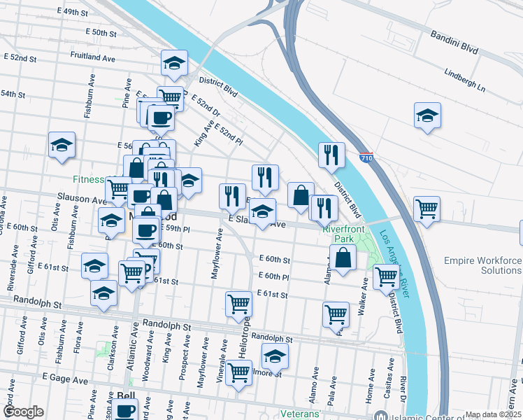 map of restaurants, bars, coffee shops, grocery stores, and more near 5824 Heliotrope Avenue in Maywood