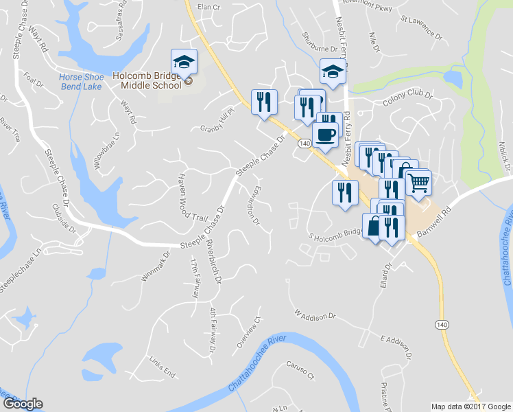 map of restaurants, bars, coffee shops, grocery stores, and more near 8475 Edwardton Drive in Roswell
