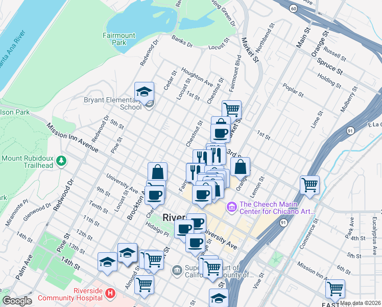 map of restaurants, bars, coffee shops, grocery stores, and more near 3958 4th Street in Riverside